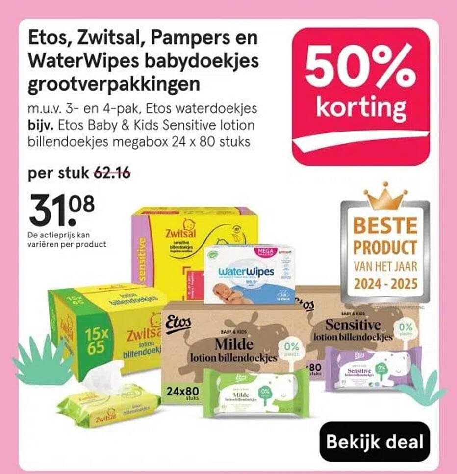 Etos, Zwitsal, Pampers en WaterWipes babydoekjes grootverpakkingen