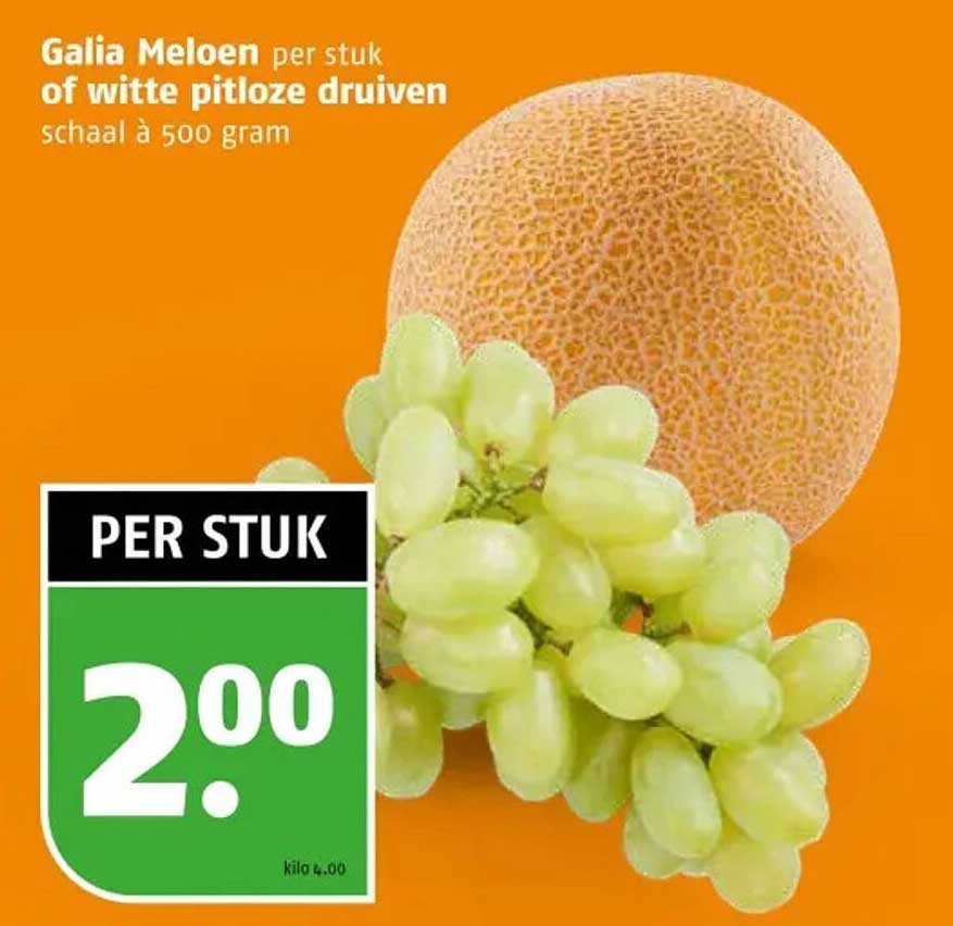 Galia Meloen per stuk of witte pitloze druiven schaal à 500 gram