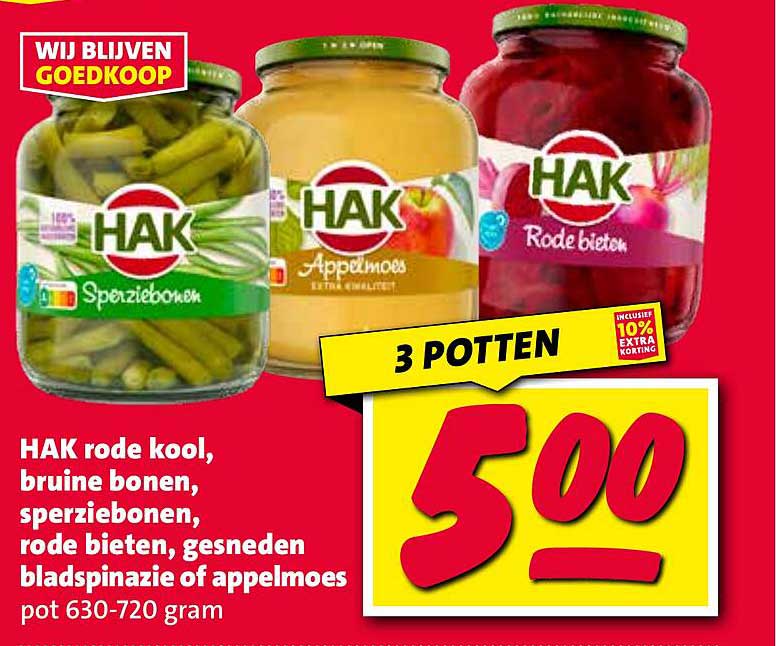 HAK rode kool, bruine bonen, sperziebonen, rode bieten, gesneden bladspinazie of appelmoes pot 630-720 gram