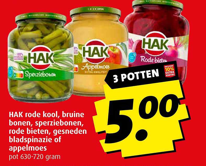 HAK rode kool, bruine bonen, sperziebonen, rode bieten, gesneden bladspinazie of appelmoes pot 630-720 gram
