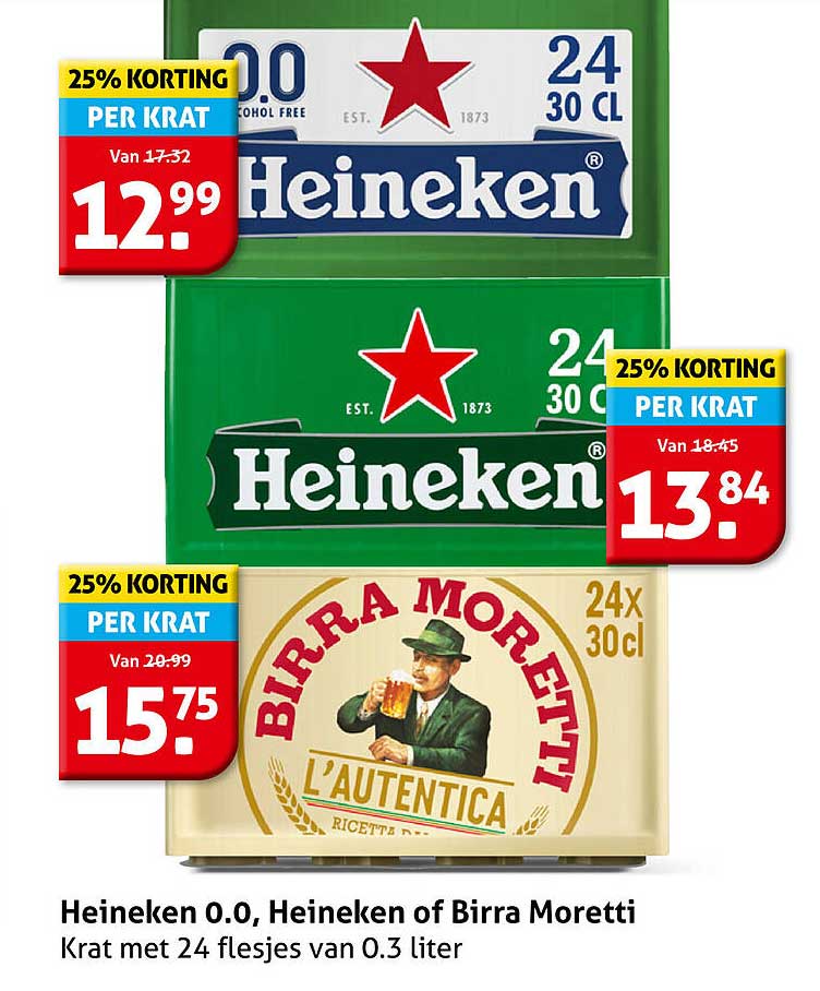Heineken 0.0, Heineken of Birra Moretti Krat met 24 flesjes van 0.3 liter