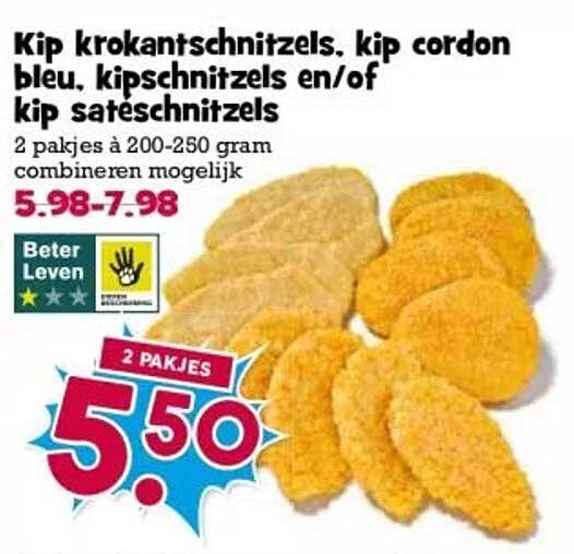 Kip krokantschnitzels, kip cordon bleu, kipschnitzels en/of kip satéschnitzels