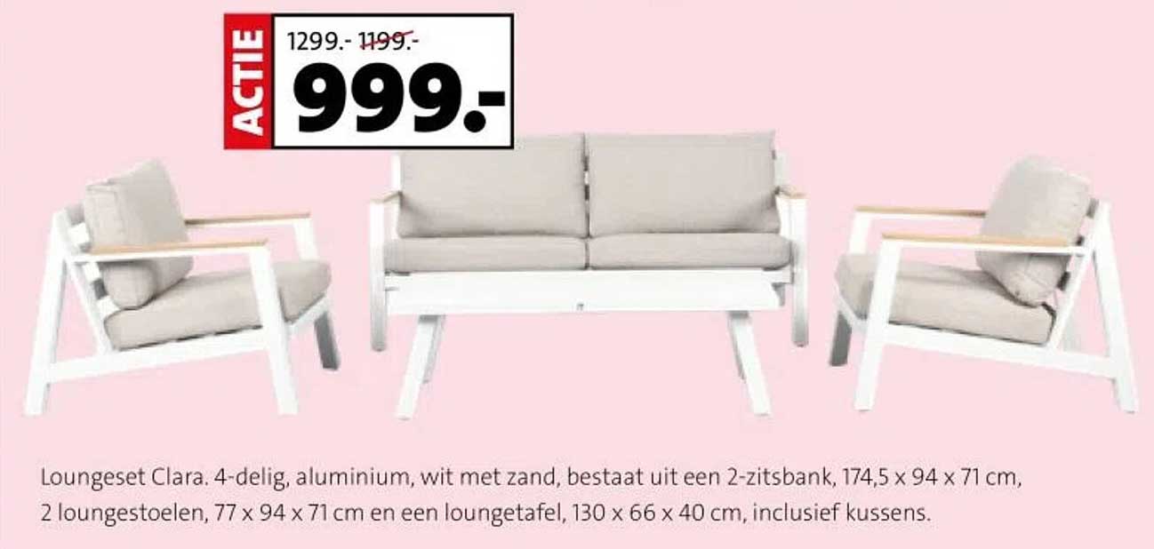 Loungeset Clara. 4-delig, aluminium, wit met zand, bestaat uit een 2-zitsbank, 174,5 x 94 x 71 cm, 2 loungestoelen, 77 x 94 x 71 cm en een lounge tafel, 130 x 66 x 40 cm, inclusief kussens.
