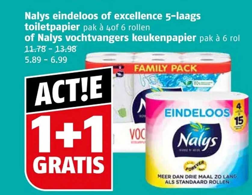 Nalys eindeloos of excellence 5-laags toiletpapier pak à 4 of 6 rollen of Nalys vochtvangers keukenpapier pak à 6 rol