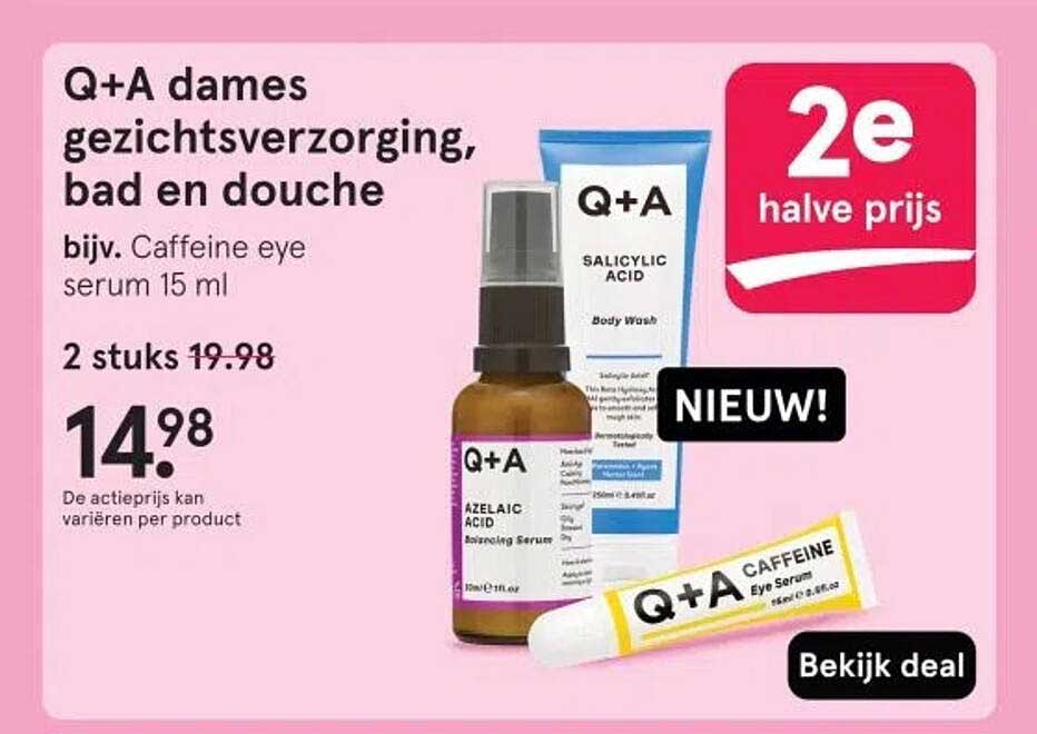 Q+A dames gezichtsverzorging, bad en douche bijv. Caffeine eye serum 15 ml