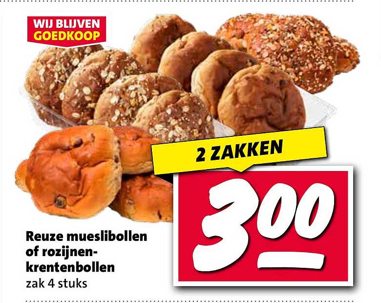 Reuze mueslibollen of rozijnen-krentenbollen zak 4 stuks