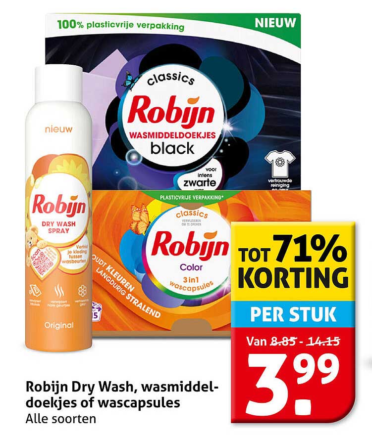 Robijn Dry Wash, wasmiddeldoekjes of wascapsules