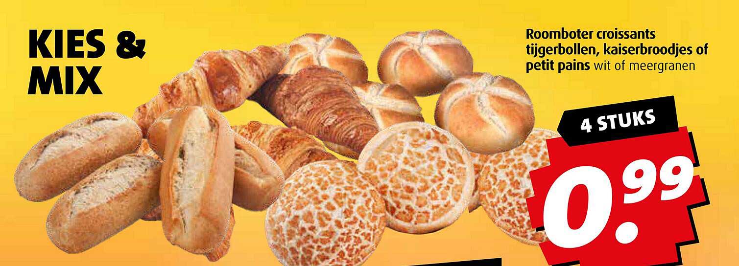 Roomboter croissants tijgerbollen, kaiserbroodjes of petit pains wit of meergranen