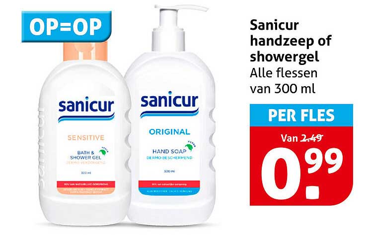 Sanicur handzeep of showergel Alle flessen van 300 ml