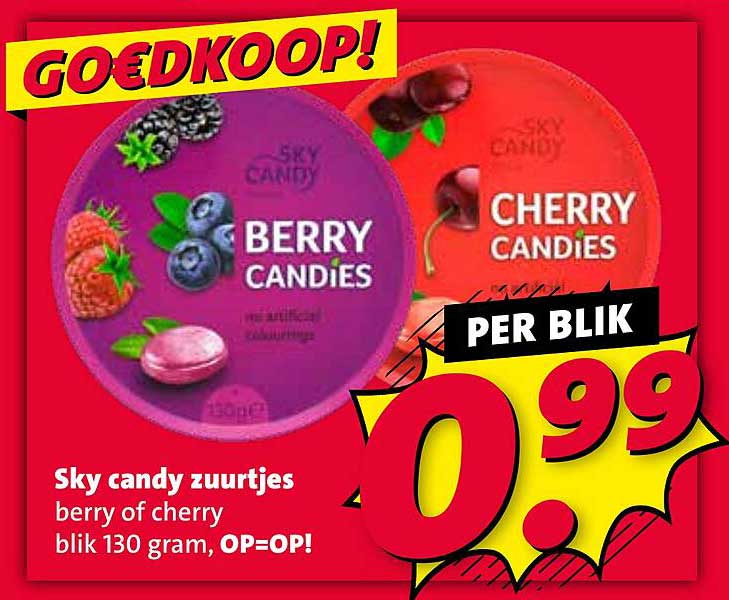 Sky candy zuurtjes berry of cherry blik 130 gram, OP=OP!