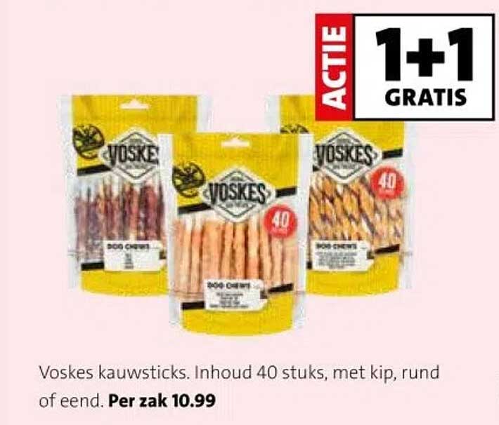 Voskes kauwsticks. Inhoud 40 stuks, met kip, rund of eend.
