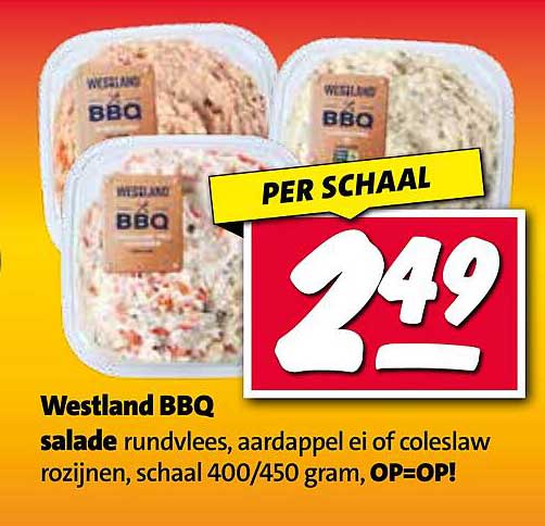 Westland BBQ salade rundvlees, aardappel ei of coleslaw rozijnen, schaal 400/450 gram, OP=OP!