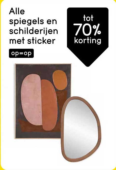 Alle spiegels en schilderijen met sticker op=op tot 70% korting