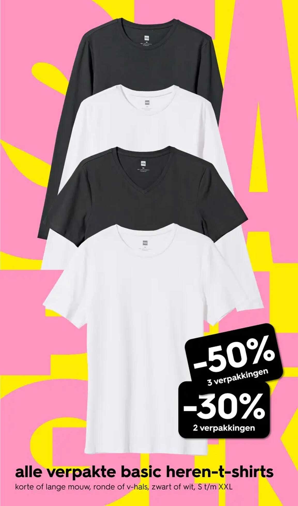 alle verpakte basic heren-t-shirts -50% 3 verpakkingen -30% 2 verpakkingen