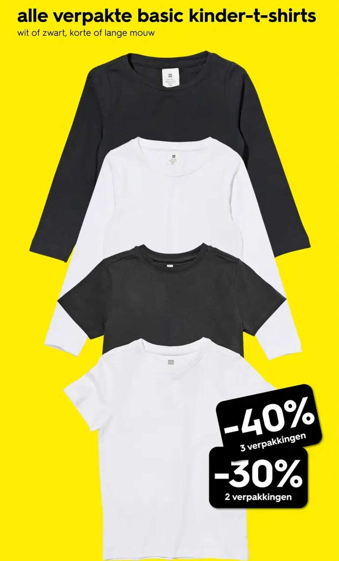 alle verpakte basic kinder-t-shirts wit of zwart, korte of lange mouw -40% 3 verpakkingen -30% 2 verpakkingen