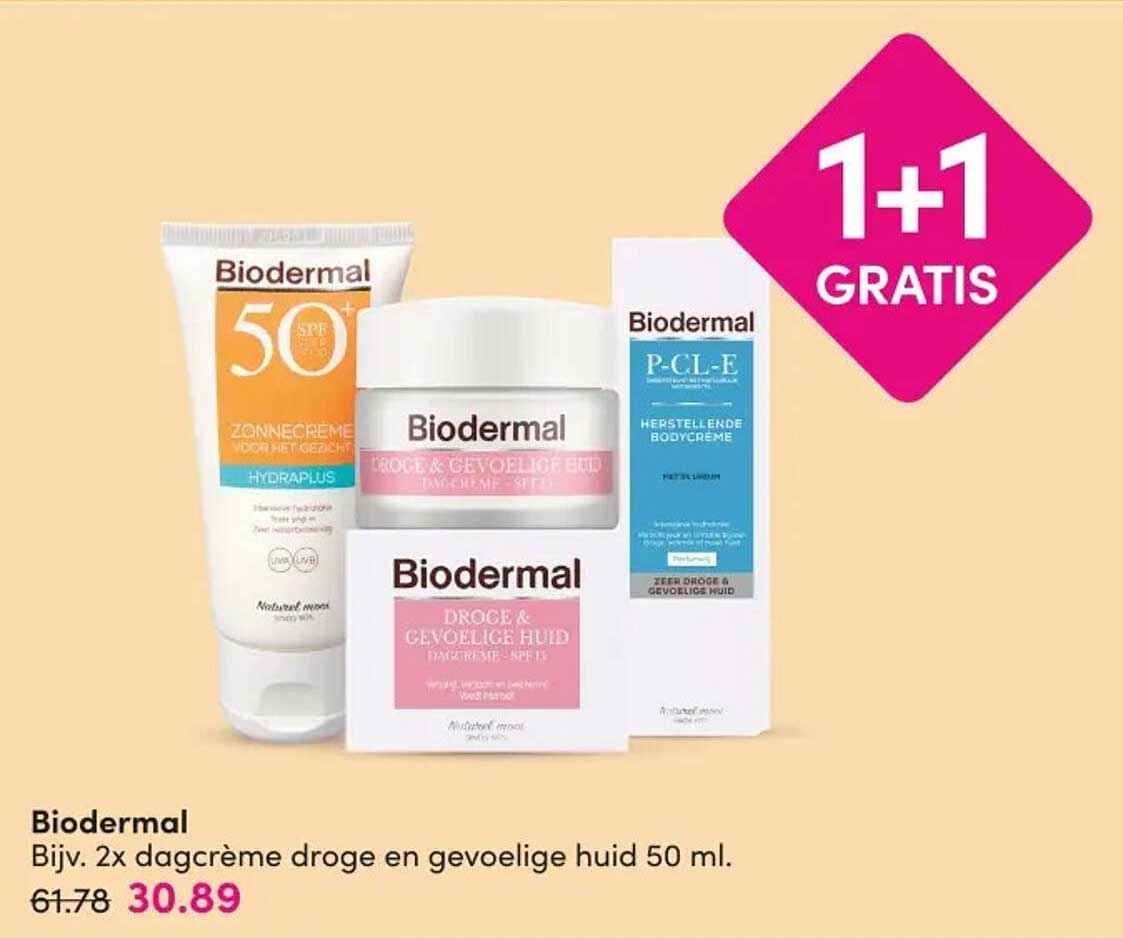 Biodermal Bijv. 2x dagcrème droge en gevoelige huid 50 ml. 1+1 gratis