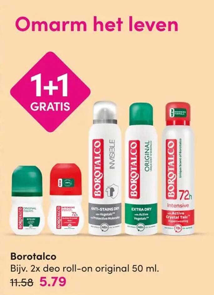 Borotalco Bijv. 2x deo roll-on original 50 ml. 1+1 GRATIS