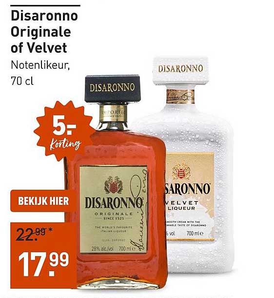 Disaronno Originale of Velvet Notenlikeur, 70 cl 5,- korting