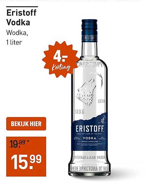 Eristoff Vodka Wodka, 1 liter 4,- korting