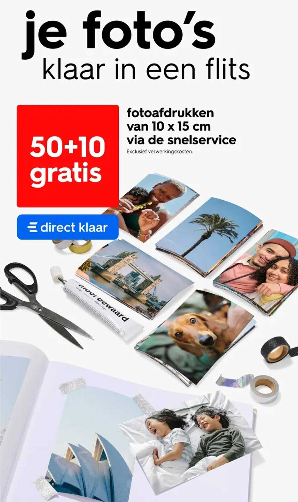 fotoafdrukken van 10 x 15 cm via de sneldservice 50+10 gratis