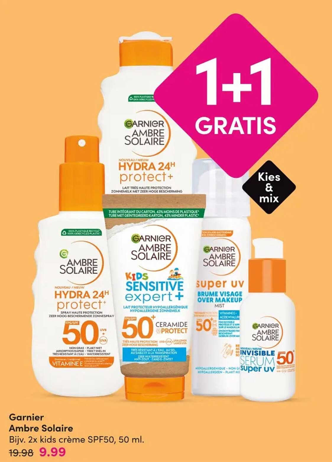 Garnier Ambre Solaire Bijv. 2x kids crème SPF50, 50 ml. 1+1 gratis