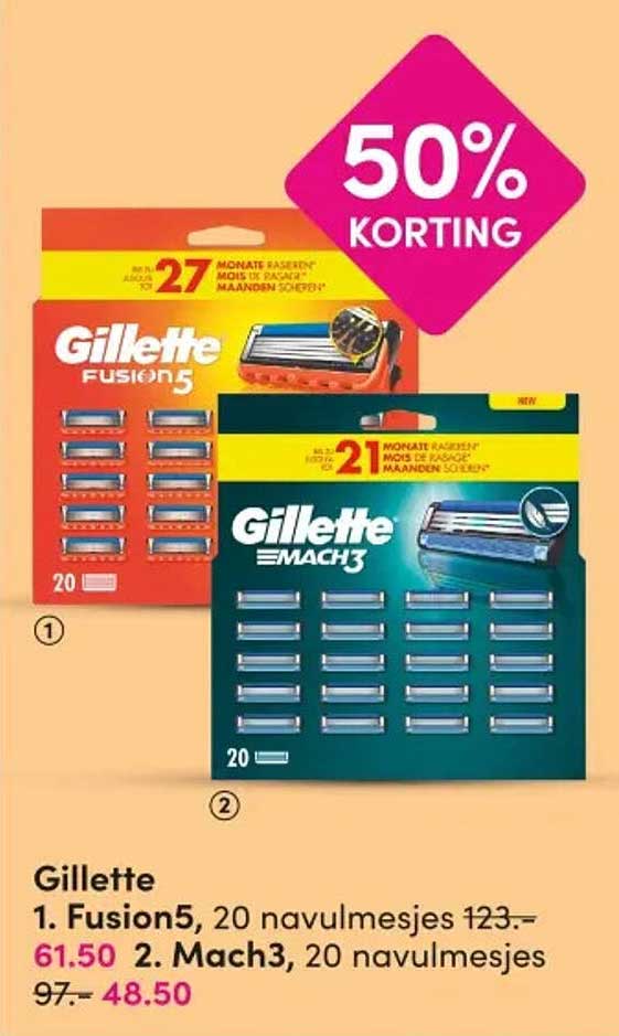 Gillette 1. Fusion5, 20 navulmesjes 2. Mach3, 20 navulmesjes 50% KORTING