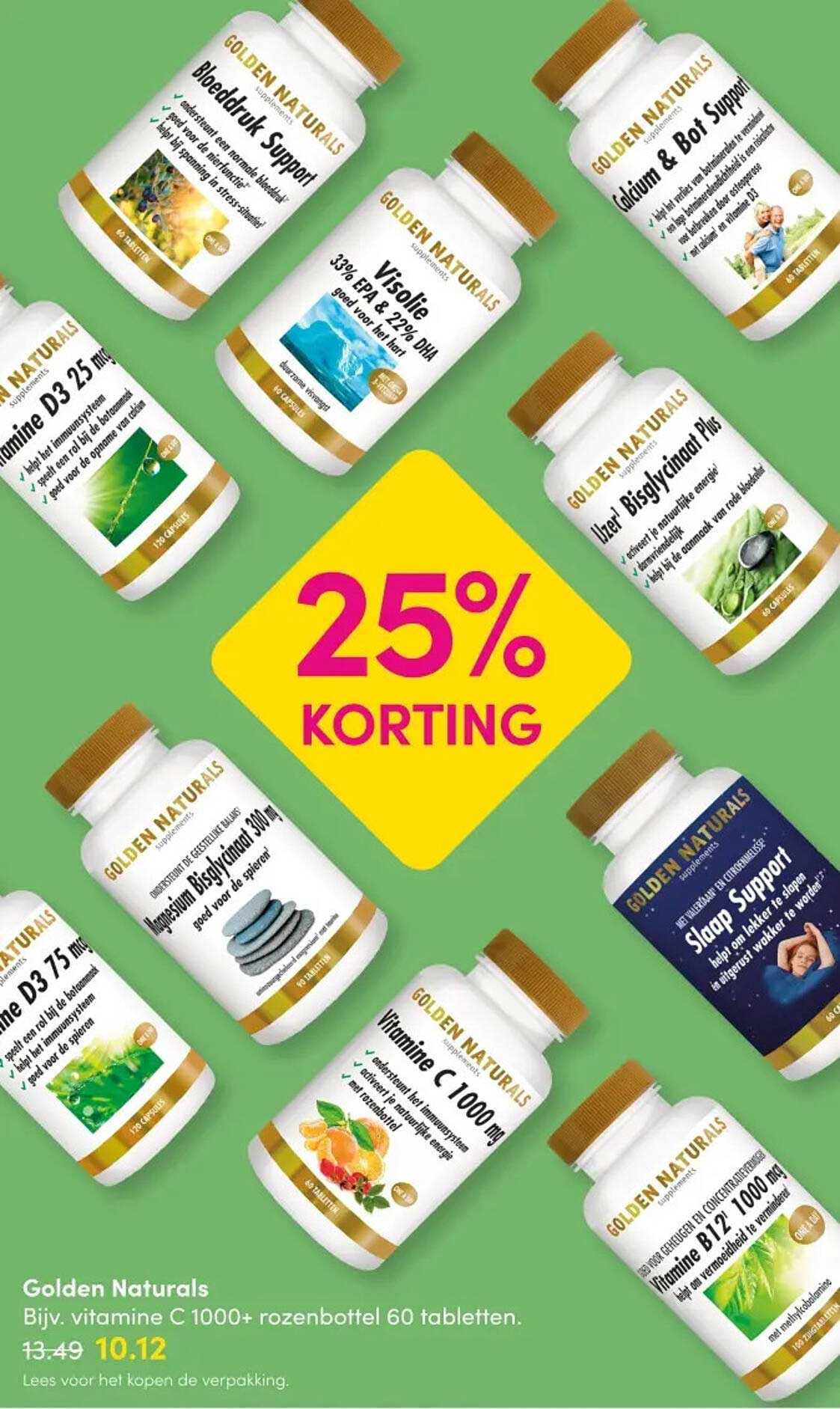 Golden Naturals Bijv. vitamine C 1000+ rozenbottel 60 tabletten. 25% korting