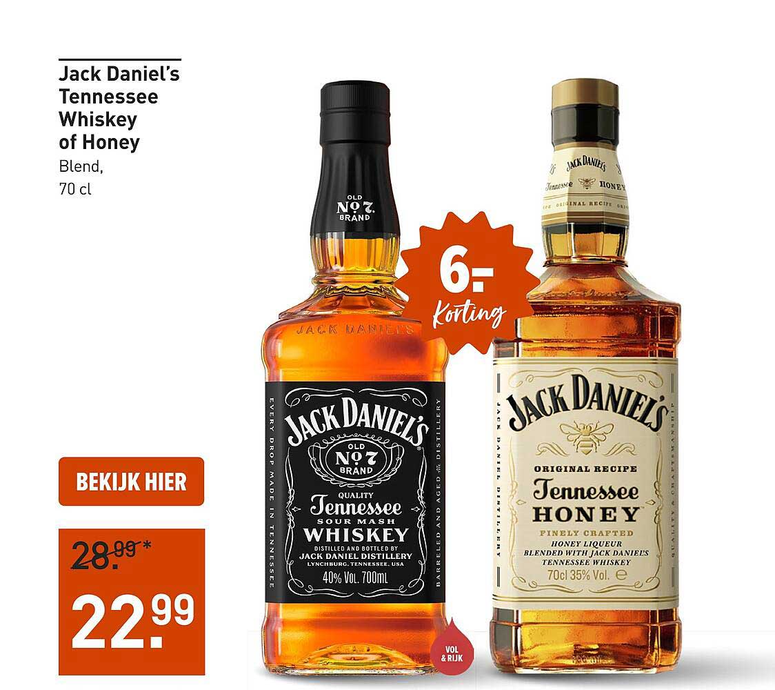 Jack Daniel’s Tennessee Whiskey of Honey Blend, 70 cl 6,- korting