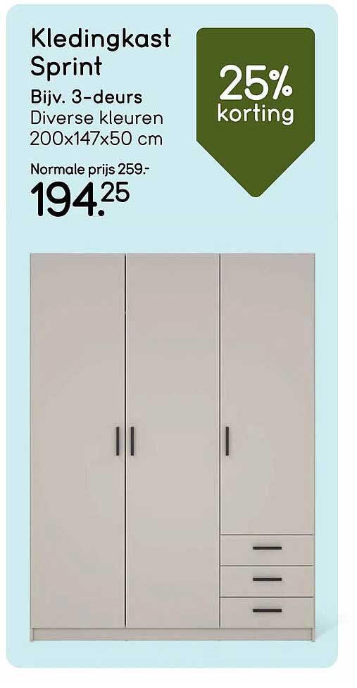 Kledingkast Sprint Biv. 3-deurs Diverse kleuren 200x147x50 cm 25% korting