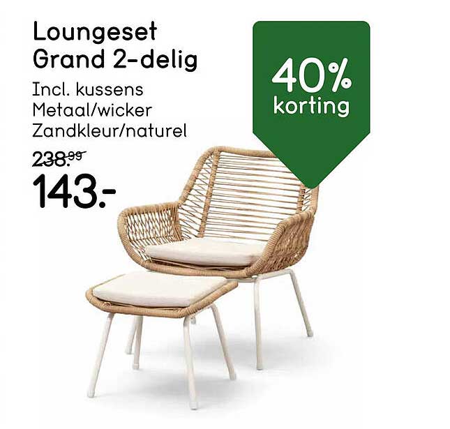 Loungeset Grand 2-delig Incl. kussens Metaal/wicker Zandkleur/naturel 40% korting