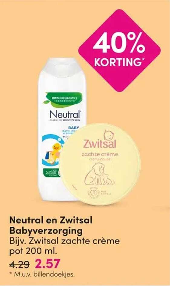 Neutral en Zwitsal Babyverzorging Bijv. Zwitsal zachte crème pot 200 ml. 40% KORTING*