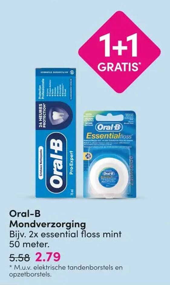Oral-B Mondverzorging Bijv. 2x essential floss mint 50 meter. 1+1 GRATIS*