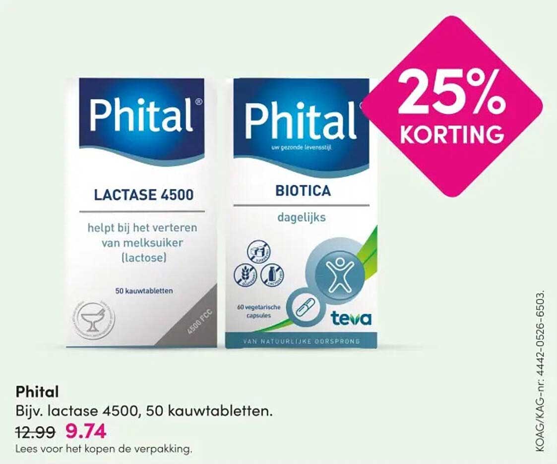 Phital Bijv. lactase 4500, 50 kauwtabletten 25% KORTING