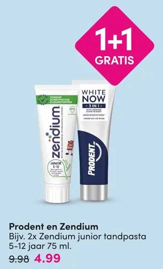 Prodent en Zendium Bijv. 2x Zendium junior tandpasta 5–12 jaar 75 ml. 1+1 GRATIS