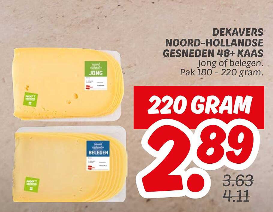 DEKAVERS NOORD-HOLLANDSE GESNEDEN 48+ KAAS Jong of belegen. Pak 180 - 220 gram.