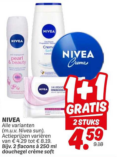 NIVEA Alle varianten (m.u.v. Nivea sun). Actieprijzen variëren van € 4.29 tot € 8.19.