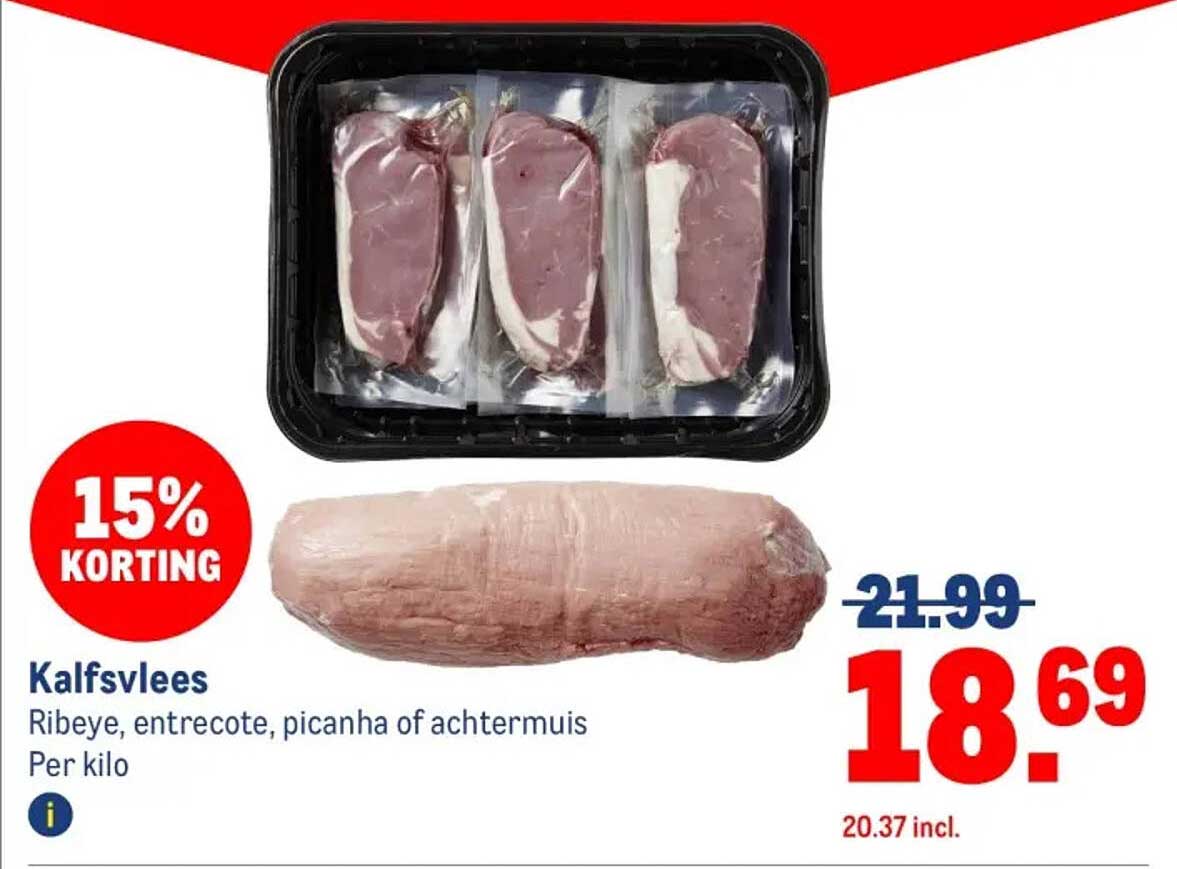 Kalfsvlees Ribeye, entrecote, picanha of achterham - 15% korting