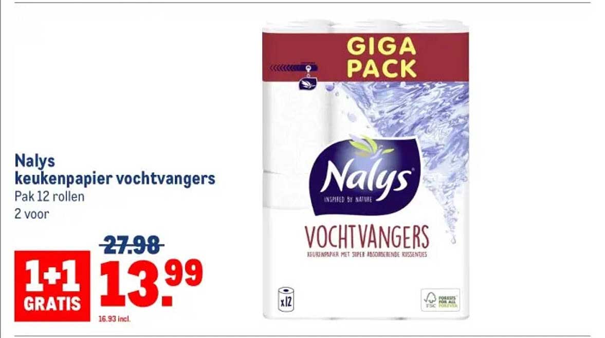 Nalys keukenpapier vochtvangers Pak 12 rollen 2 voor