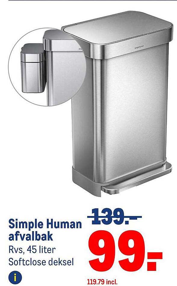 Simple Human afvalbak Rvs, 45 liter Softclose deksel