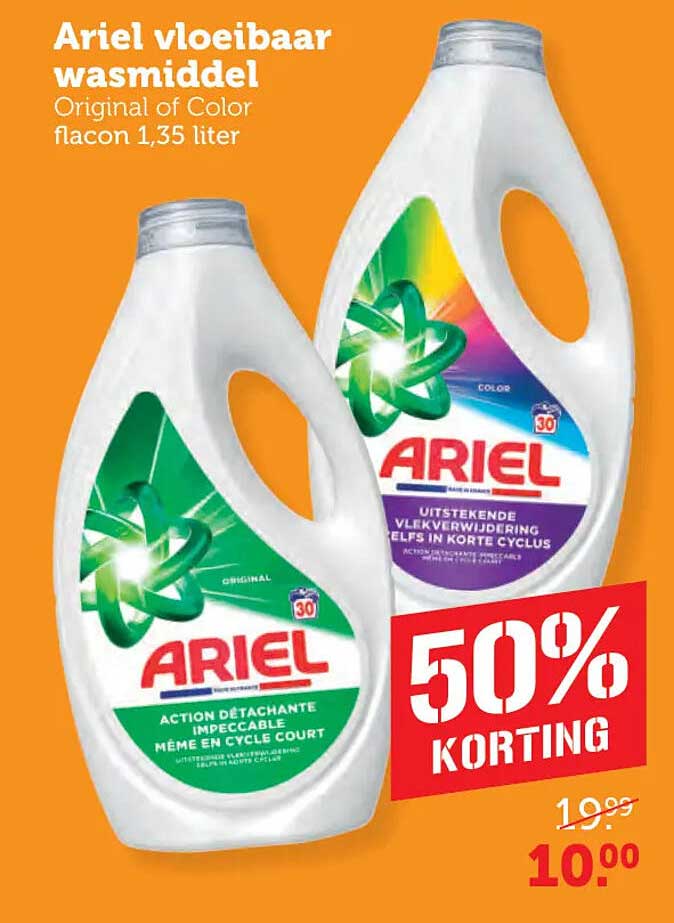 Ariel vloeibaar wasmiddel Original of Color flacon 1,35 liter 50% korting