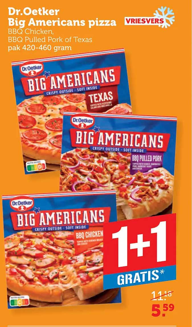 Dr. Oetker Big Americans pizza BBQ Chicken, BBQ Pulled Pork of Texas pak 420-460 gram 1+1 gratis