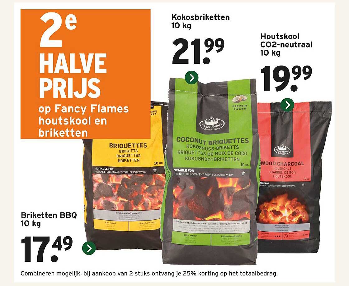2e HALVE PRIJS op Fancy Flames houtskool en briketten