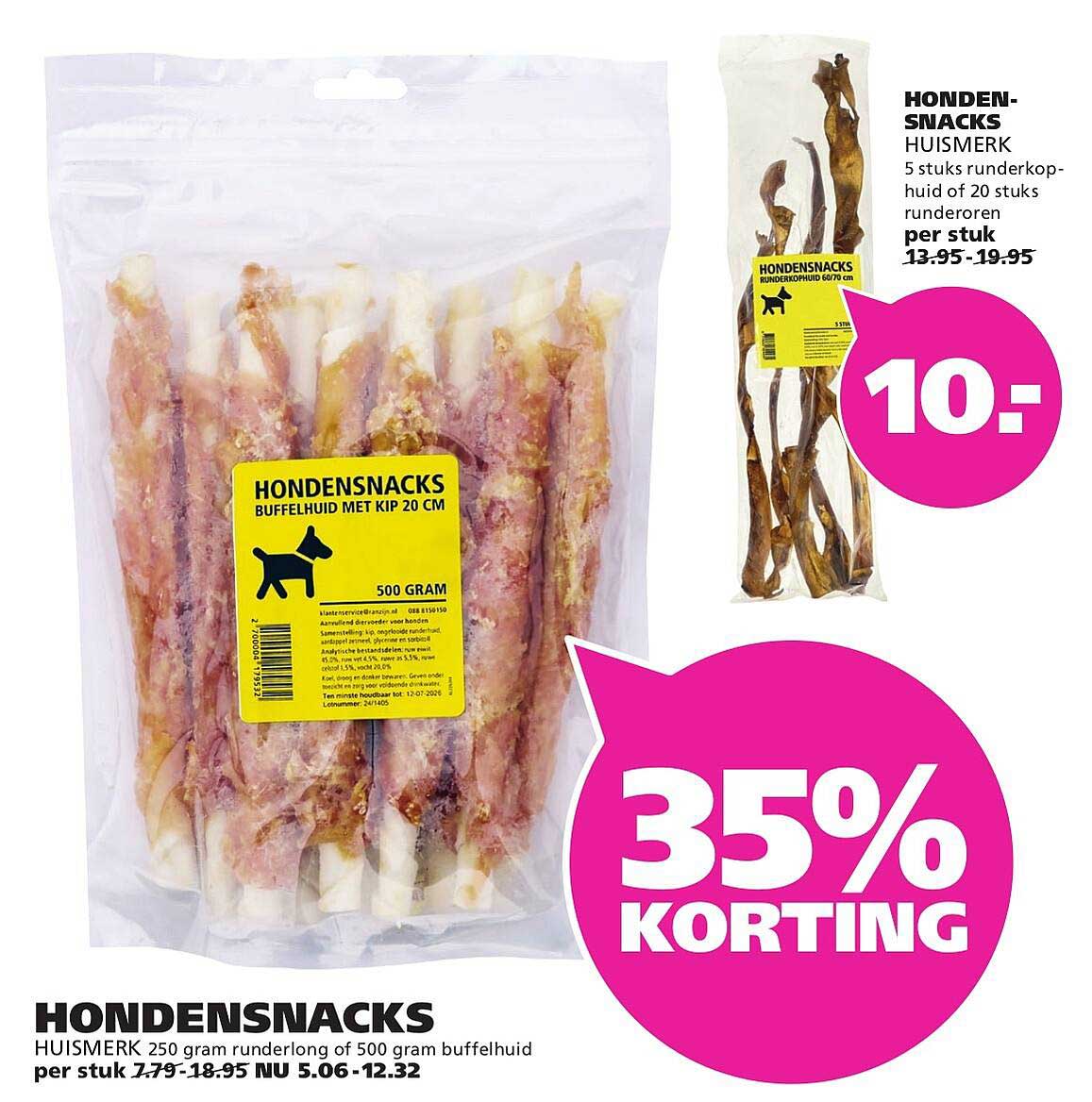 HONDENSNACKS HUISMERK 250 gram rundelong of 500 gram buffelhuid per stuk 7.79-18.95 NU 5.06-12.32