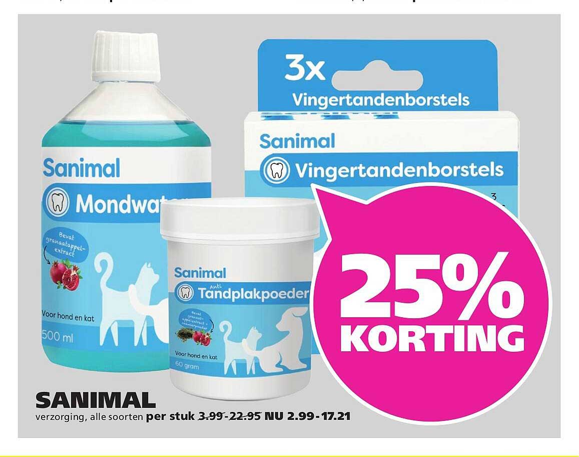 SANIMAL verzorging, alle soorten per stuk 3.99-22.95 NU 2.99-17.21