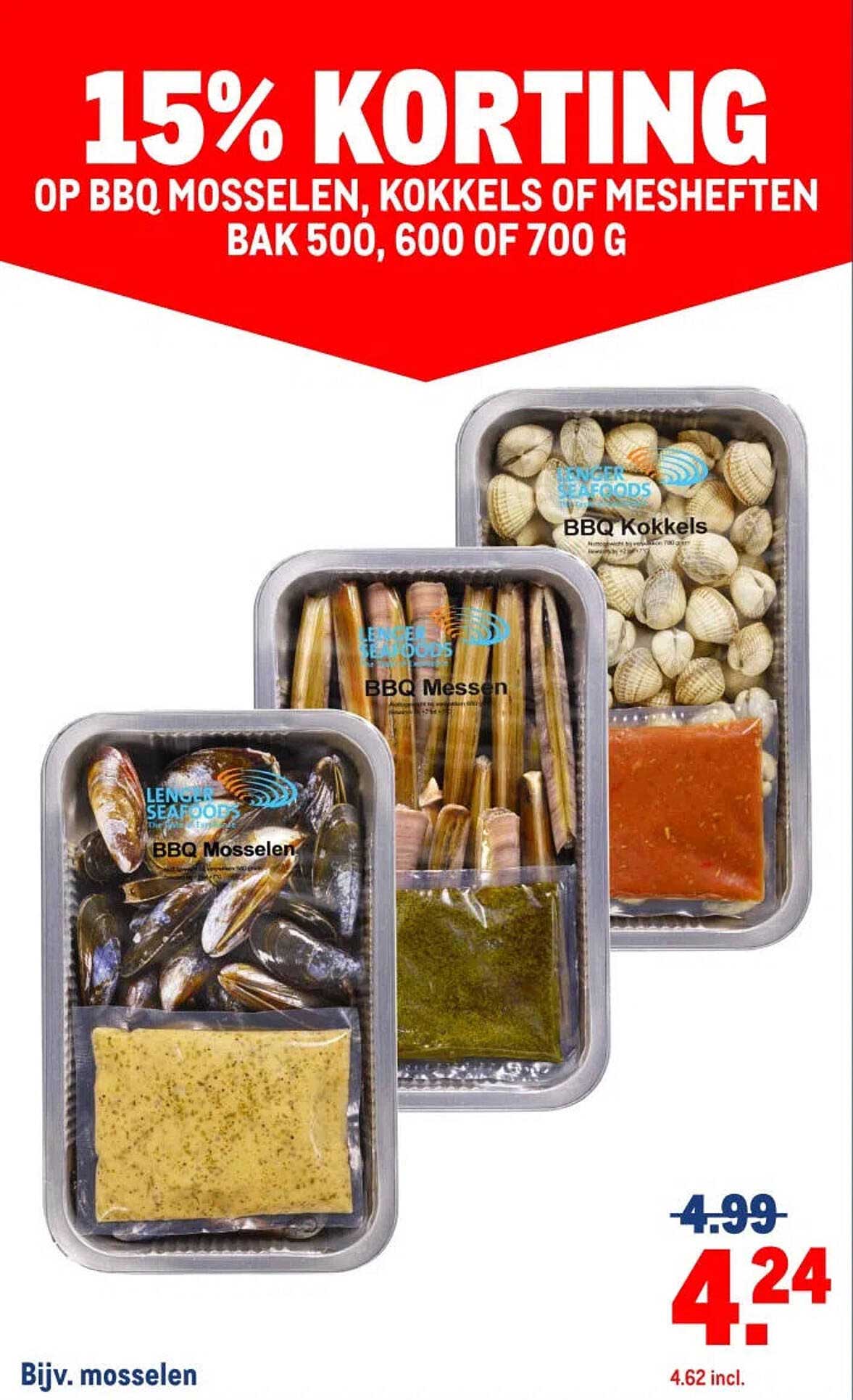 15% KORTING OP BBQ MOSSELEN, KOKKELS OF MESHEFTEN BAK 500, 600 OF 700 G