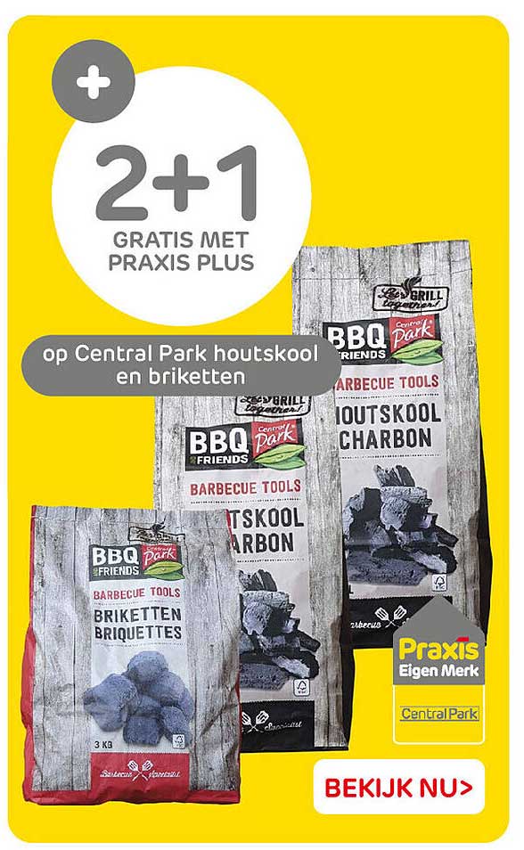 2+1 gratis met Praxis Plus op Central Park houtskool en briketten