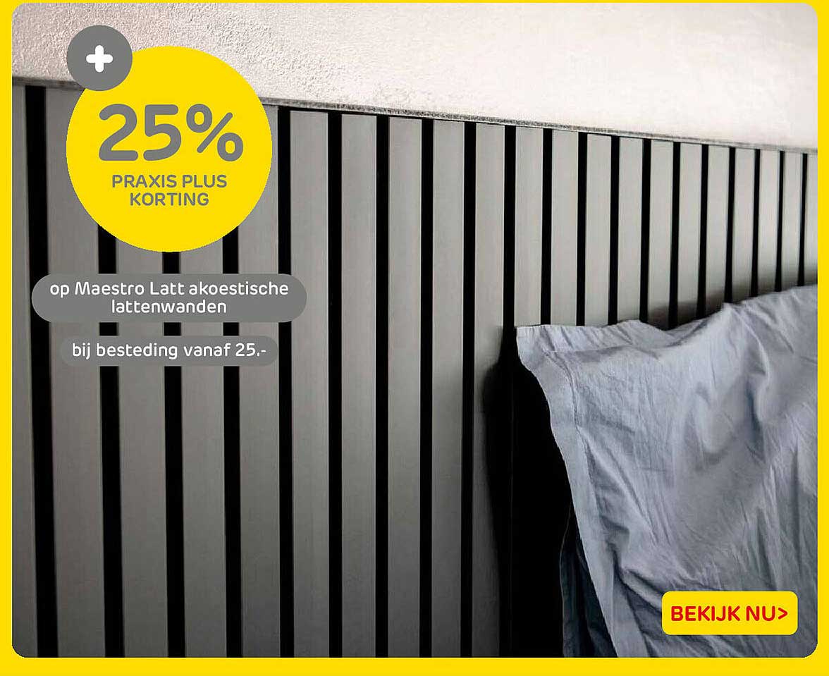 25% PRAXIS PLUS KORTING op Maestro Latt akoestische lattenwanden bij besteding vanaf 25.-