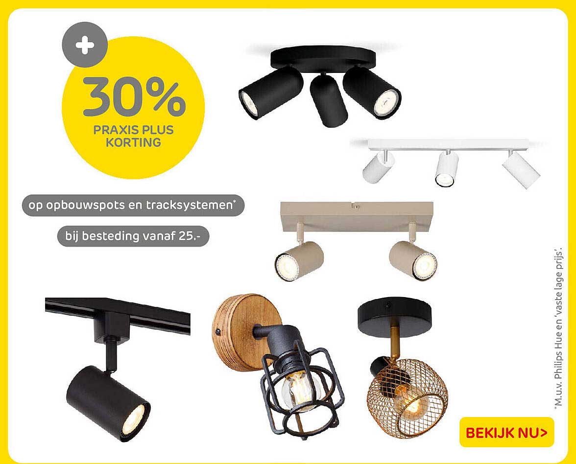 30% PRAXIS PLUS KORTING op opbouwspots en tracksystemen* bij besteding vanaf 25.-