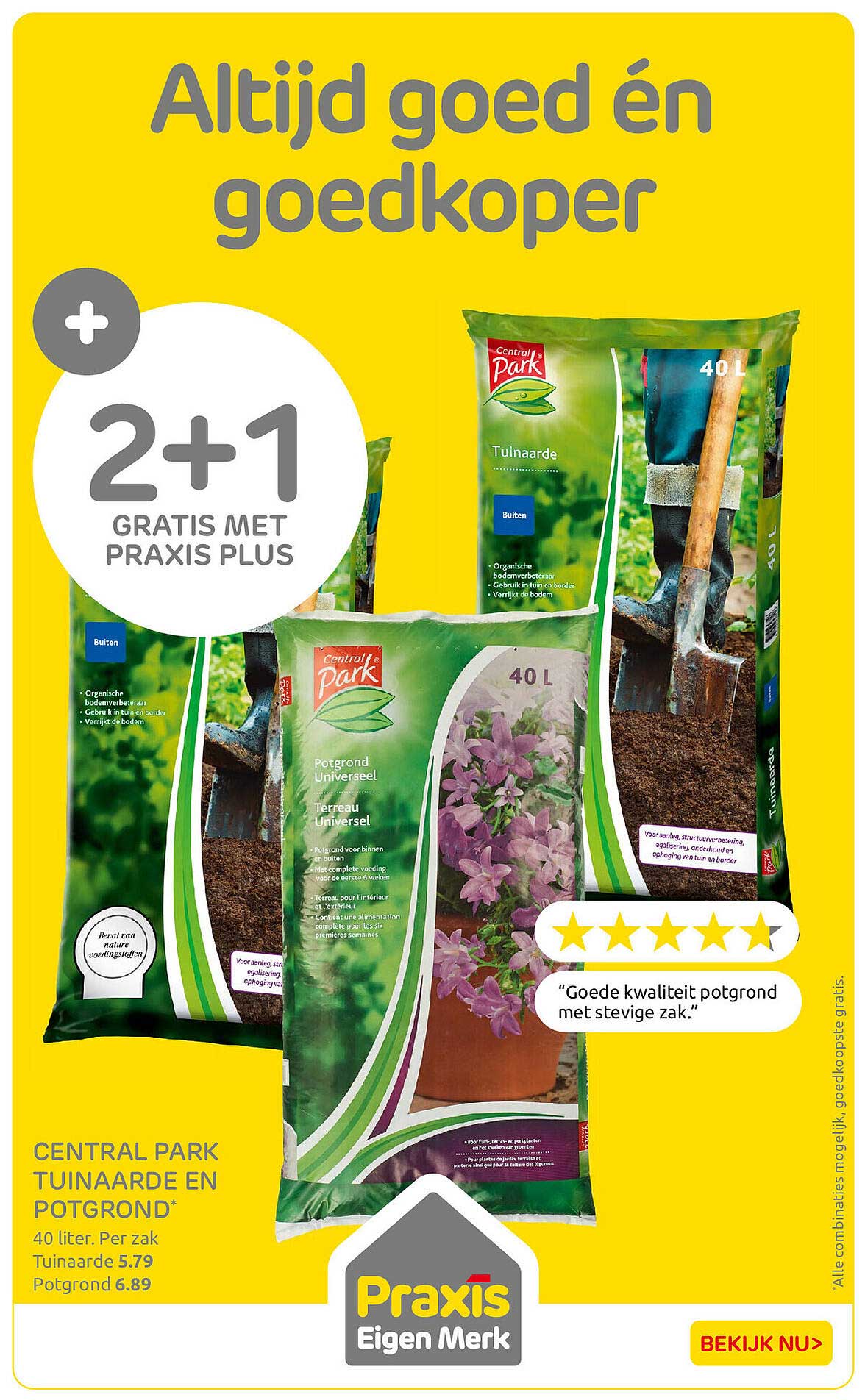 Central Park tuinaarde en potgrond 40 liter per zak 2+1 gratis met Praxis Plus