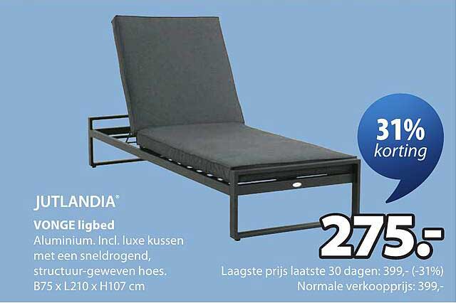 JUTLANDIA VONGE ligbed Aluminium. Incl. luxe kussen met een sneldrogend, structuur-geweven hoes. B75 x L210 x H107 cm